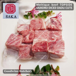 Beef TOPSIDE Australia MELTIQUE SAKA meltik (wagyu alike) daging rendang dendeng frozen SAIKORO DICED CUBED DADU cuts 4cm 1.5" (price/pack 500g 9-10pcs)